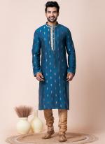 Jacquard Silk Blue Festival Wear Printed Readymade Kurta Pajama